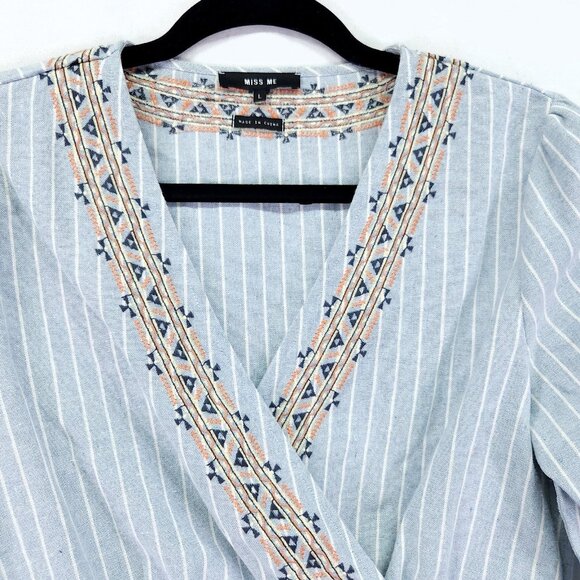 Miss Me Embroidered Linen Wrap Top Size Large Striped Crop Waist Tie Chambray - Picture 12 of 16
